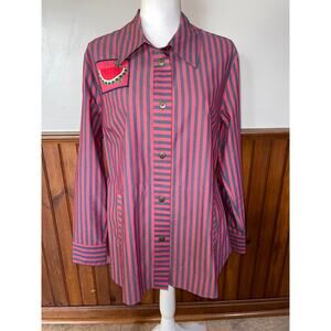 Womens Cabi Red Black Striped Button Down Regatta Shacket w/Patches Size M